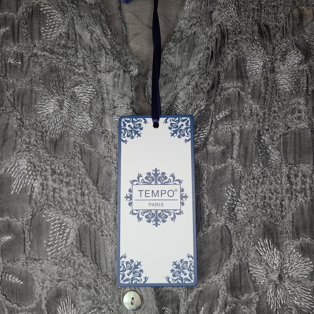 NWT Tempo Paris Gray Floral Lace Button Down Sheer Blouse Shirt - Picture 5 of 6